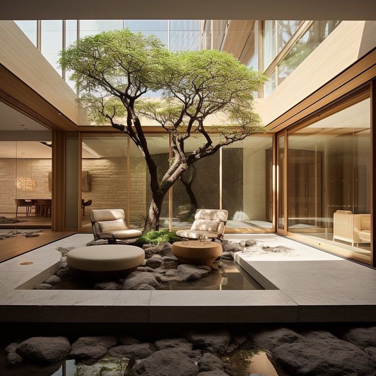 a living room filled with furniture and a tree in the middle of it's center