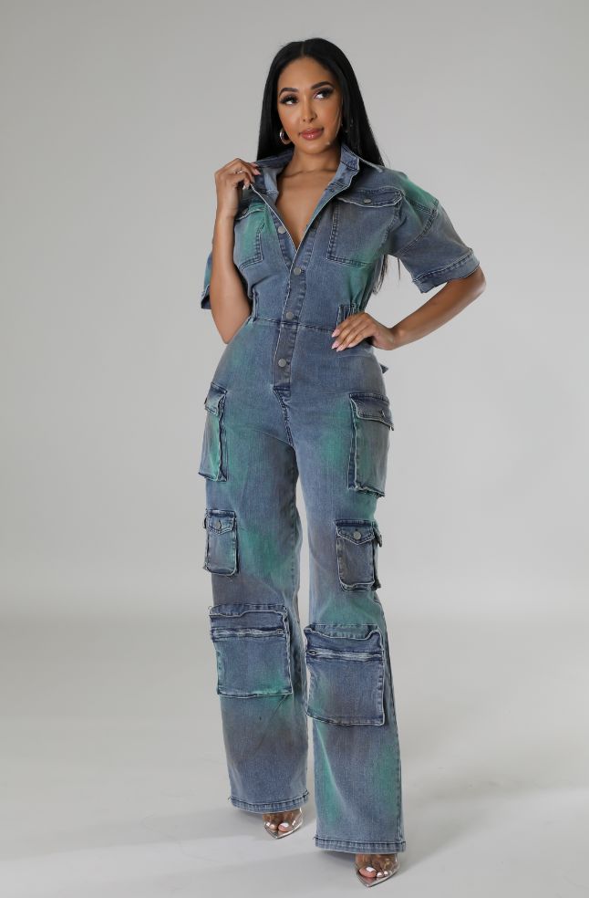 Non-stretch jumpsuitDenimCollarShort sleeveButton closurePocketsWide-legInseam is 32 inches69% Cotton29% Polyester2% SpandexHand wash coldModel is wearing a smallMODEL STATSHeight: 5.5"Bust:32" / Waist:26" / Hips:41" Short Sleeve Stretch Jumpsuits And Rompers With Pockets, Stretch Overalls With Pockets, Stretch Cotton Jumpsuits With Pockets, Stretch Cotton Jumpsuits And Rompers With Pockets, Fitted Utility Jean Overalls, Trendy Stretch Jumpsuits And Rompers With Pockets, Fitted Cotton Denim Utility Jumpsuit, Denim Jumpsuits And Rompers With Short Sleeves For Fall, Trendy Stretch Denim Jumpsuit With Pockets