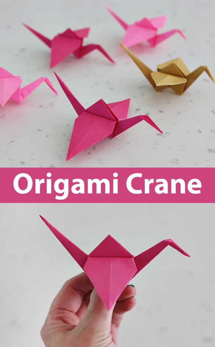 an origami crane made out of pink paper is shown with the words origami crane on it