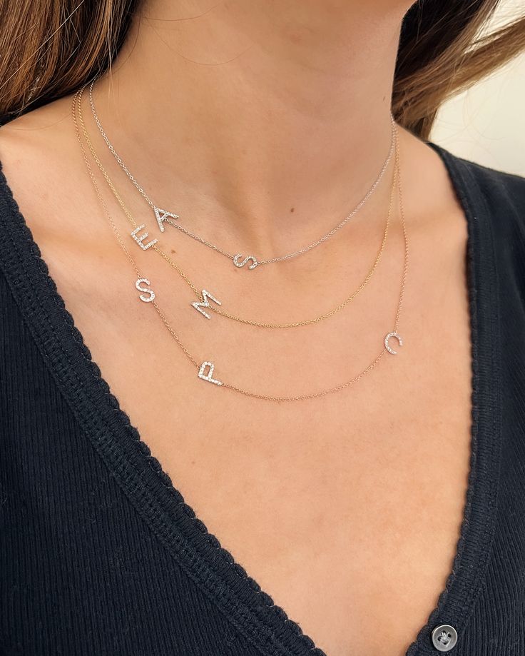 This beautiful custom necklace starts with 2 asymmetrical pave diamond initials on a 14k gold dainty cable link chain. Customize this beautiful and elegant piece with the gold, and chain size of your choice with the option to add up to 5 diamond initials. Available in 14k yellow, white, and rose gold. Note: Each initial is thoughtfully connected to reduce the chance of flipping, however, due to the nature of the necklace some flipping can be expected. Refer to initial placement chart prior to ch Initials Necklace, Diamond Initial Necklace, Diamond Carat, Custom Necklace, Necklace Sizes, Initial Necklace, Pave Diamonds, Link Chain, Chain Lengths