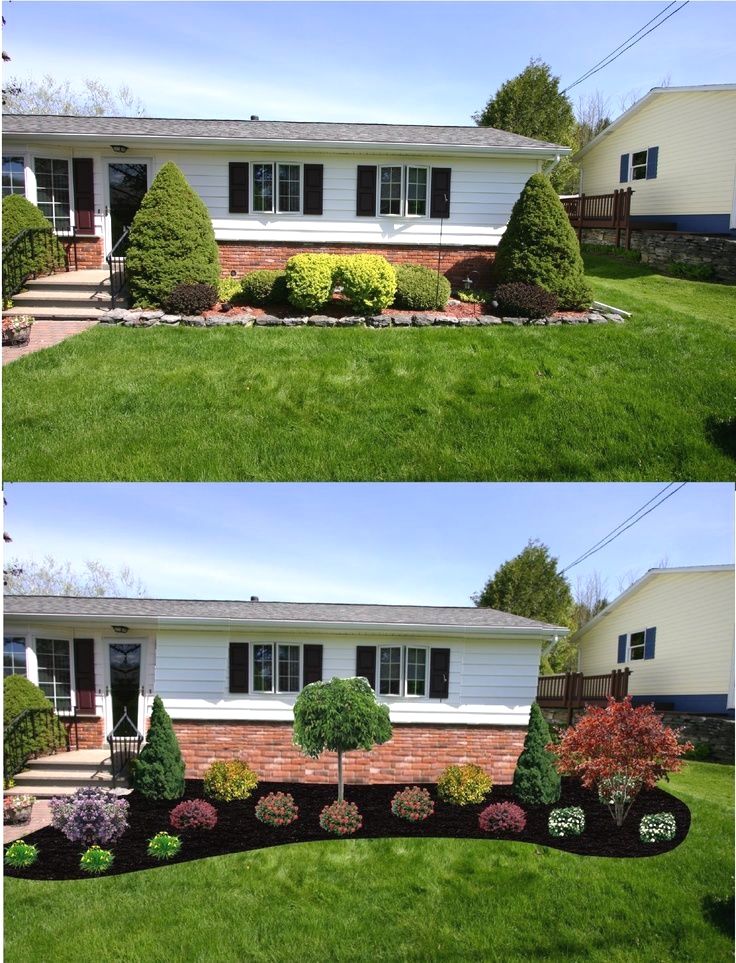 two pictures of the same house with different landscaping