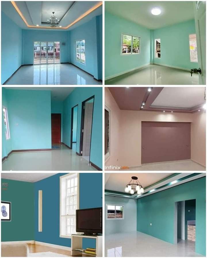 four different pictures of an empty room with blue walls