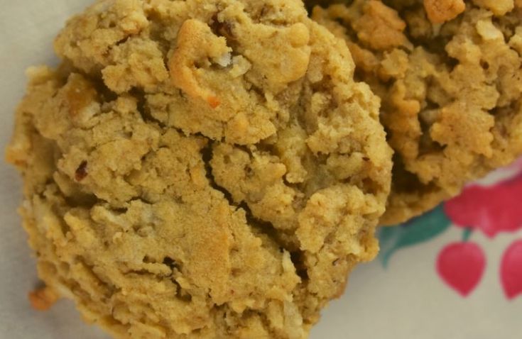 two oatmeal cookies sitting on top of a flowered cloth covered plate