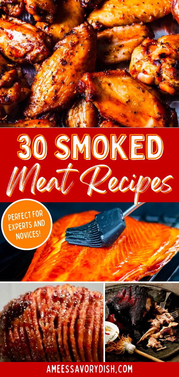 the cover of 30 smoked meat recipes, including chicken and fish with text overlay