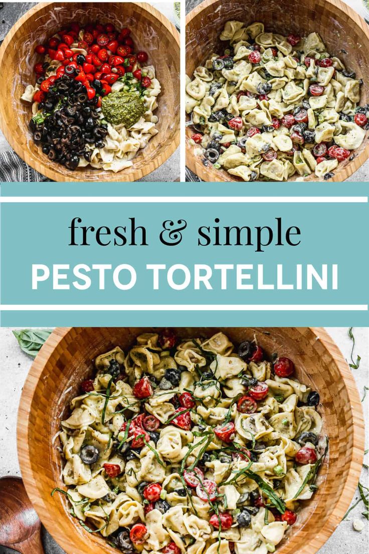 fresh and simple pesto tortelli in a wooden bowl with text overlay