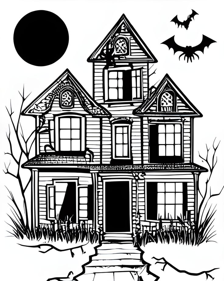 a black and white drawing of a house with bats