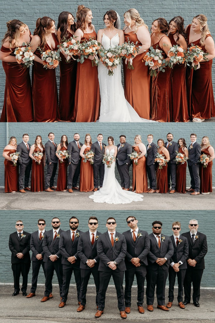 the wedding party is all dressed up and ready to take their photo together in front of a brick wall