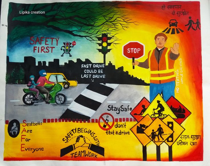 a painting on the side of a building with various signs and symbols around it that include safety first