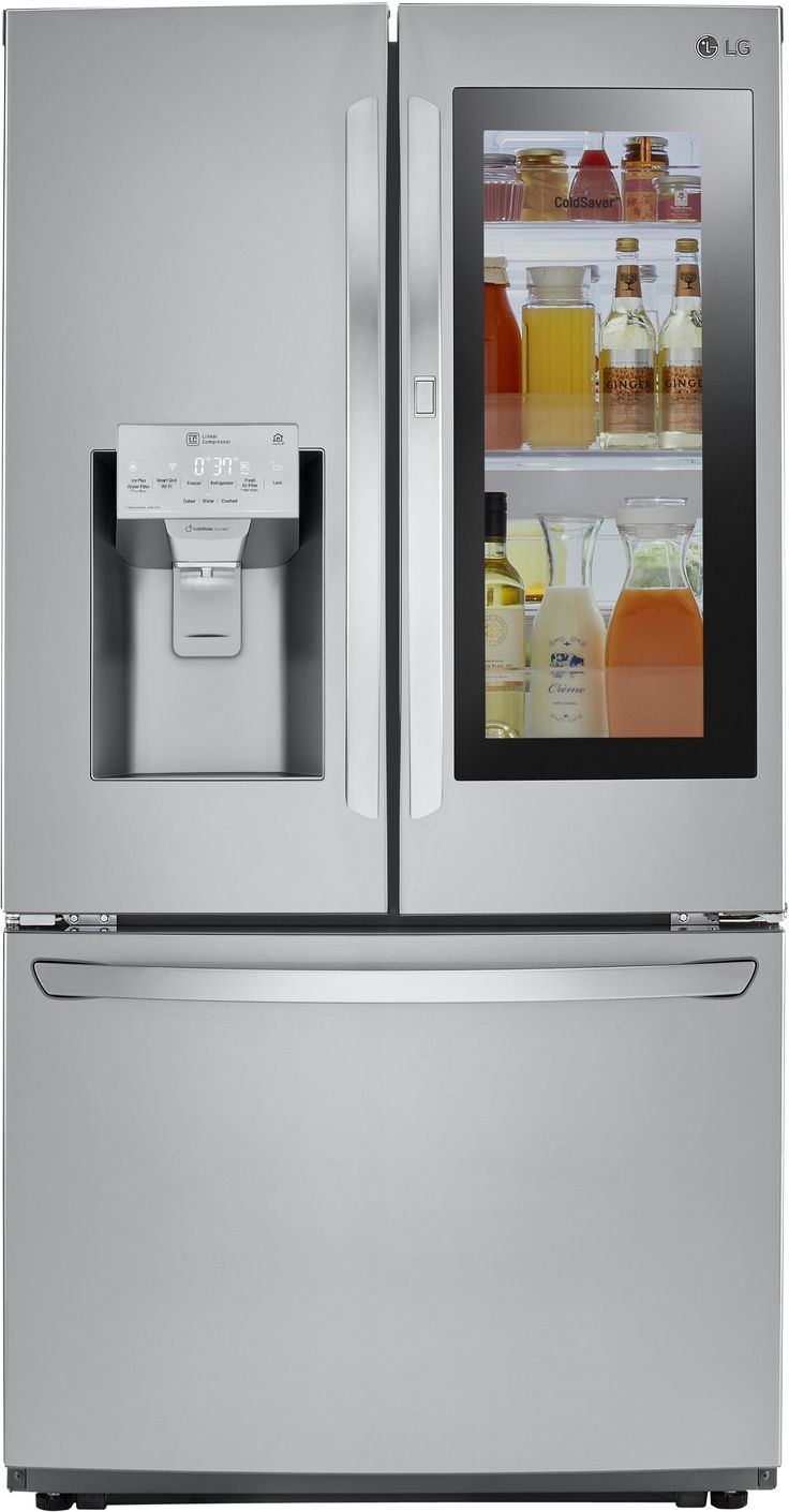 Bringing innovation and distinctive design together, LG’s new refrigerator with InstaView™ Door-in-Door® will enhance even the most beautifully crafted kitchen. The sleek tinted glass panel illuminates with two quick knocks, allowing you to see inside without ever opening the door, reducing cold air loss to help keep food fresher longer. LG Counter-depth InstaView 21.9-cu ft Smart French Door Refrigerator with Dual Ice Maker, Water and Ice Dispenser and Door within Door Fingerprint Door In Door Refrigerator, Lg French Door Refrigerator, Counter Depth French Door Refrigerator, Steel French Doors, Smart Refrigerator, Counter Depth Refrigerator, Door Crafts, Refrigerator Lg, Stainless Steel Refrigerator