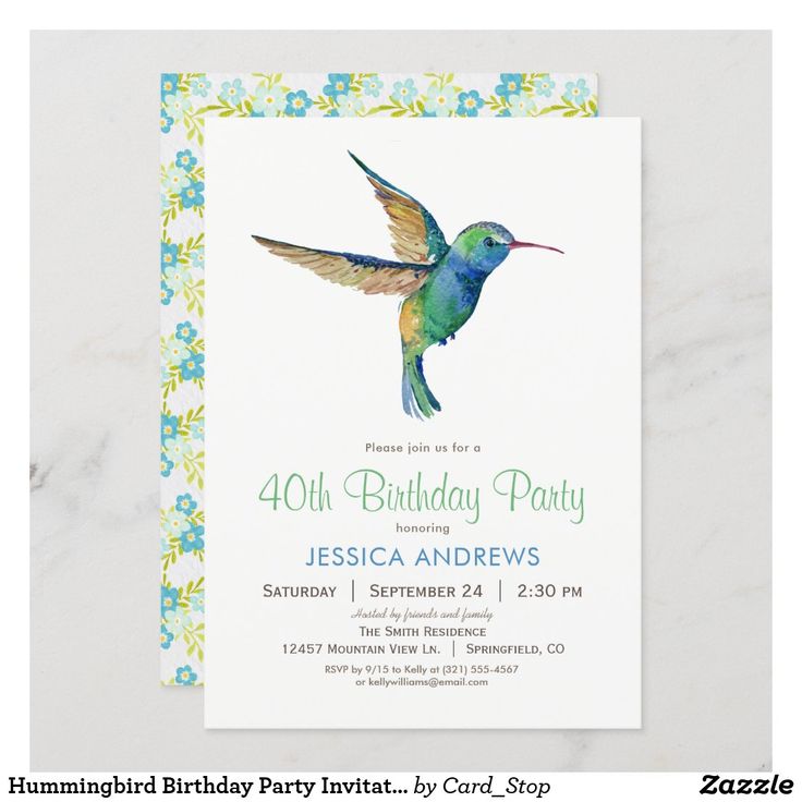 a blue and green hummingbird birthday party card