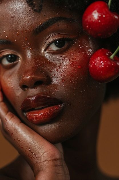 a woman with makeup on her face and three cherries in front of her face