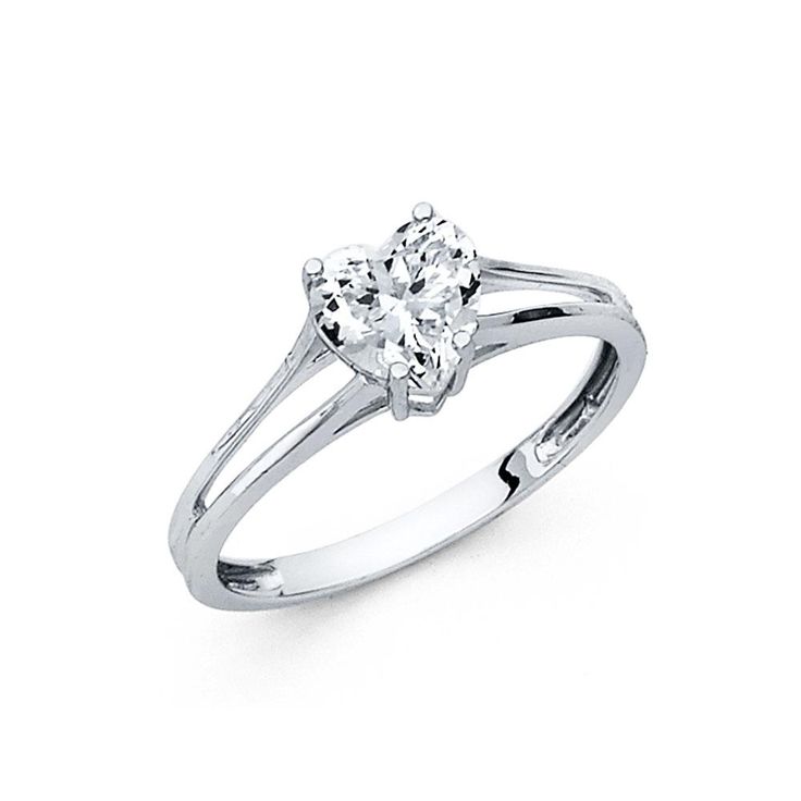 a white gold engagement ring with a round diamond in the center and two clawed shoulders