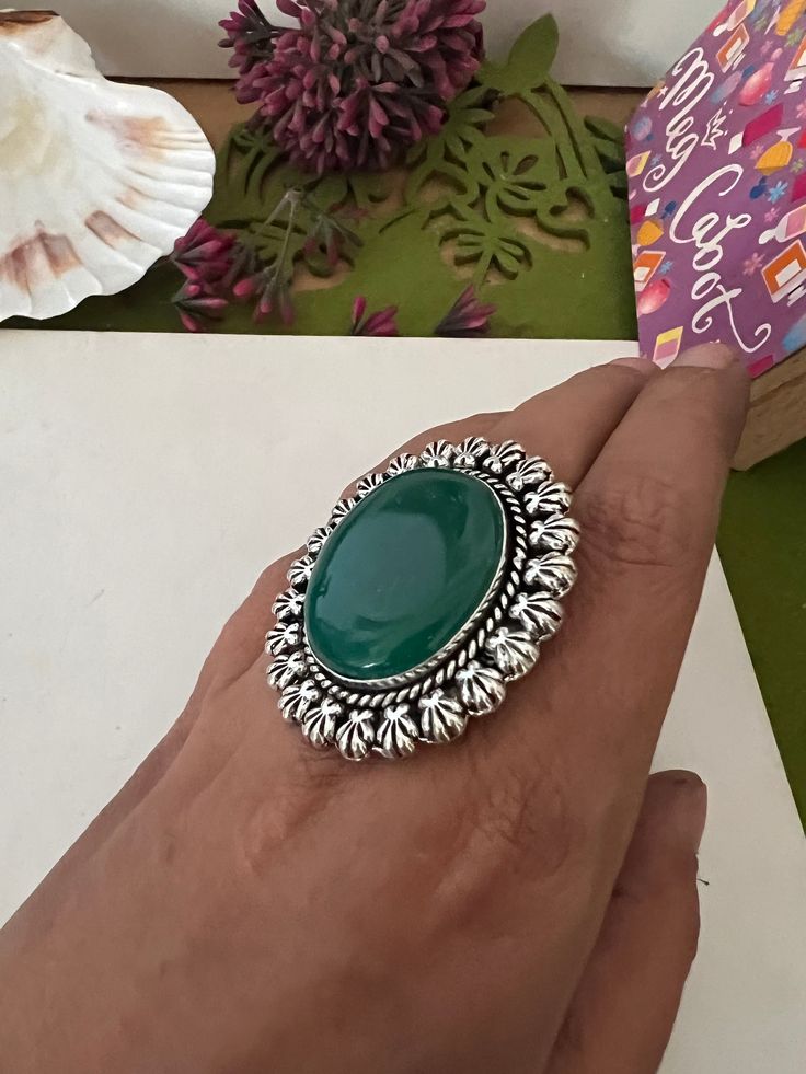 Complement your sense of style and personality with this gorgeous piece beautifully handcrafted by our skilled Indian craftsmen from Jaipur in German Silver with stone. One piece ♥️ Size: US 7. Material: German Silver, Green Onyx Handmade Traditional Gemstones For Gifts, Fusion Style Emerald Gemstone Ring For Gift, Unique Oval Gemstones With Stone Setting, Traditional Oval Emerald Ring, Handmade Bohemian Gemstone Rings, Traditional Jewelry Ring With Natural Stones, Traditional Natural Stones Ring Jewelry, Traditional Natural Stone Ring Jewelry, Handmade Traditional Gemstones