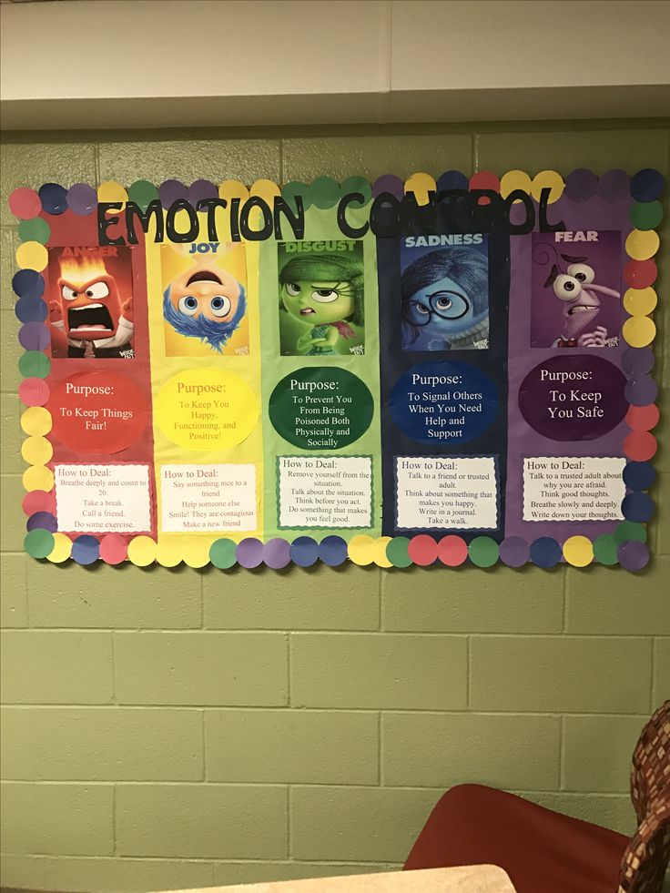 a bulletin board on the wall in a classroom with posters about emotions and feelings attached to it