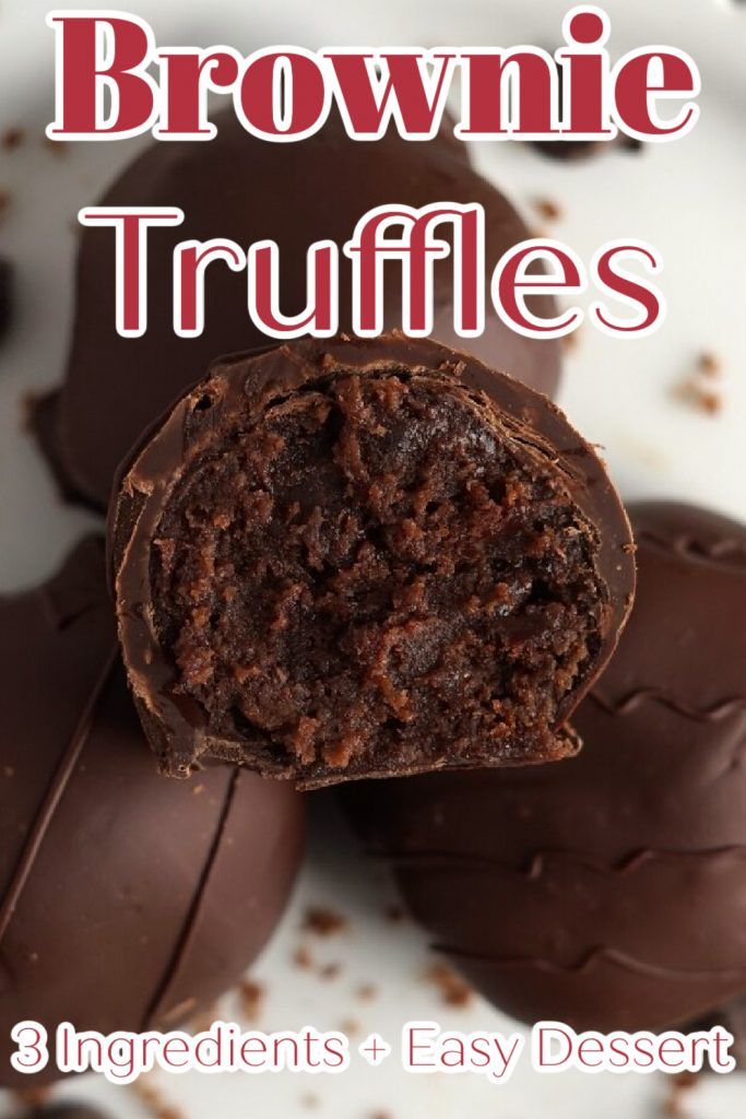 chocolate brownie truffles on a plate with text overlay that reads, chocolate brownie truffles ingredients and easy dessert