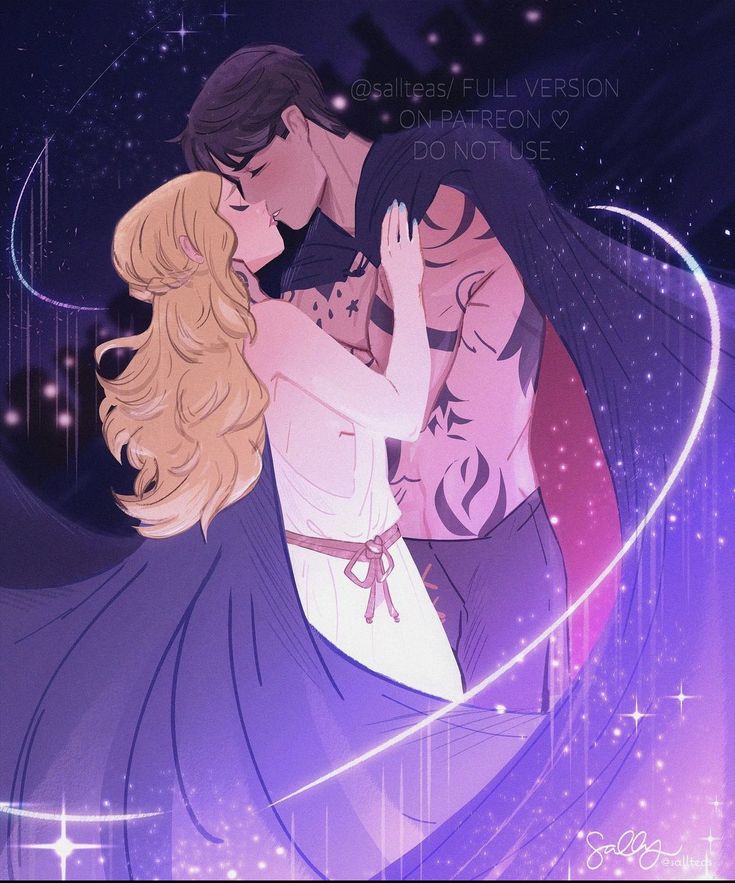 a man and woman are kissing in front of a star filled sky with stars around them