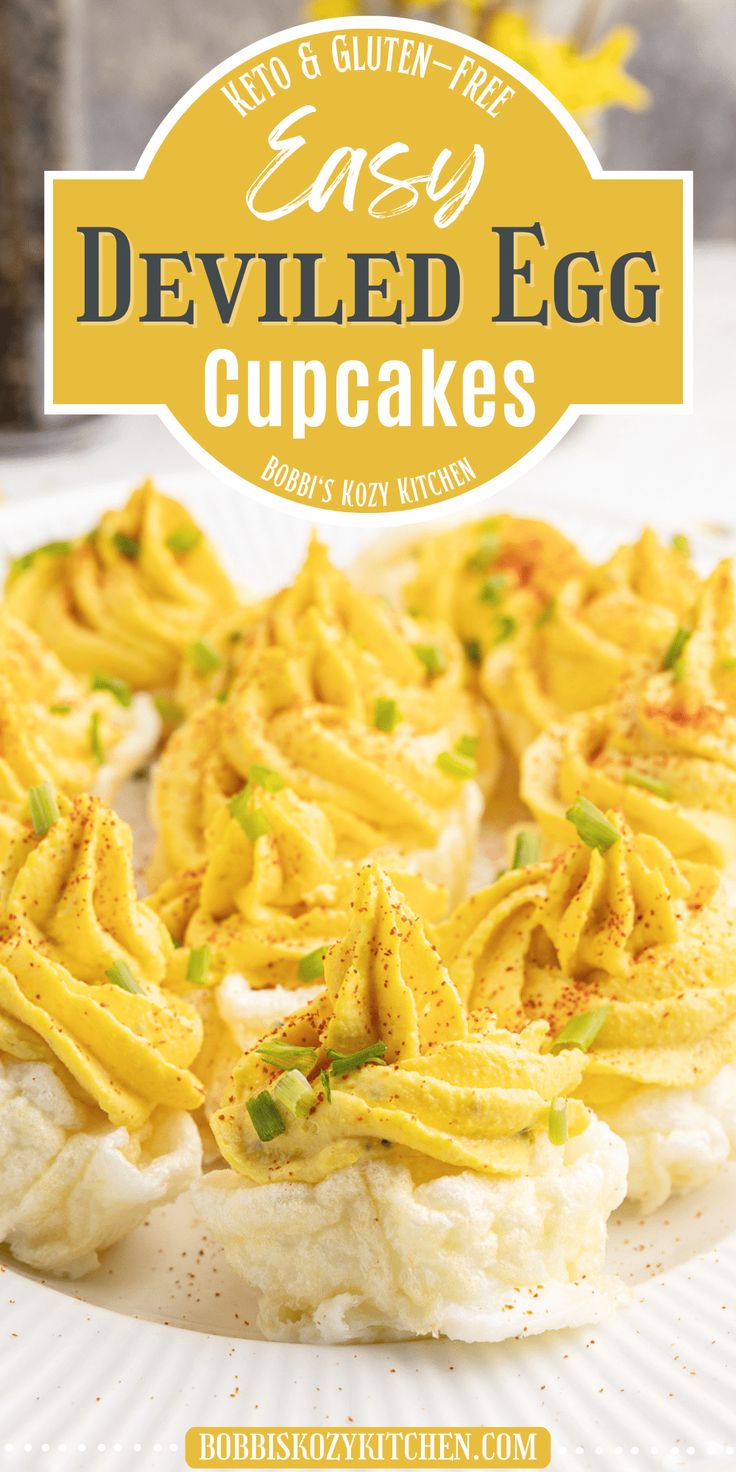 deviled egg cupcakes on a plate with text overlay that reads easy deviled egg cupcakes