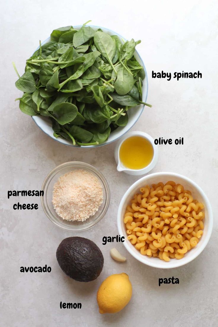 ingredients to make an avocado salad laid out on a white surface with text