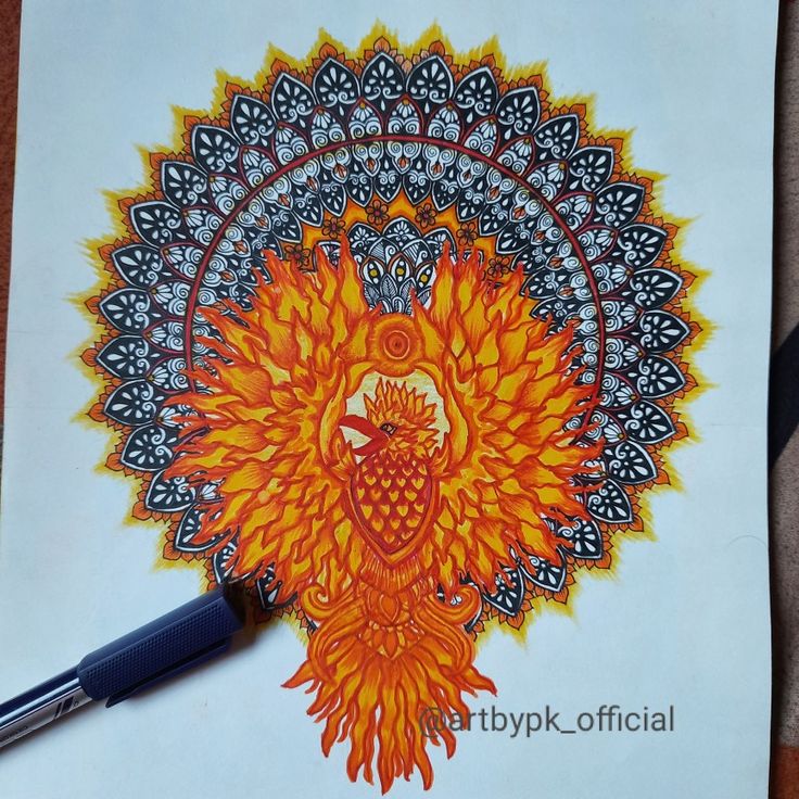 a drawing of a bird with orange and yellow feathers on it's head, surrounded by ornate designs