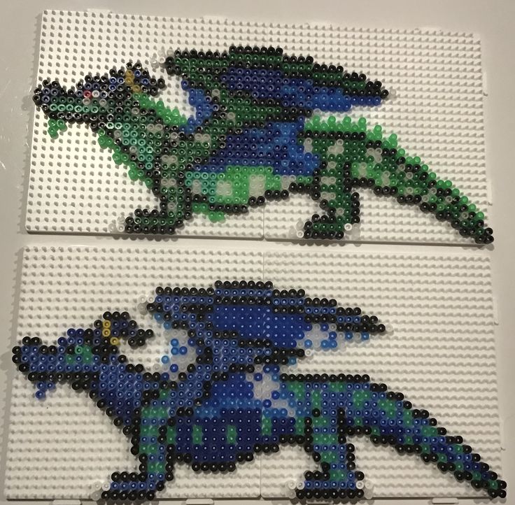 two pieces of lego art made to look like dinosaurs