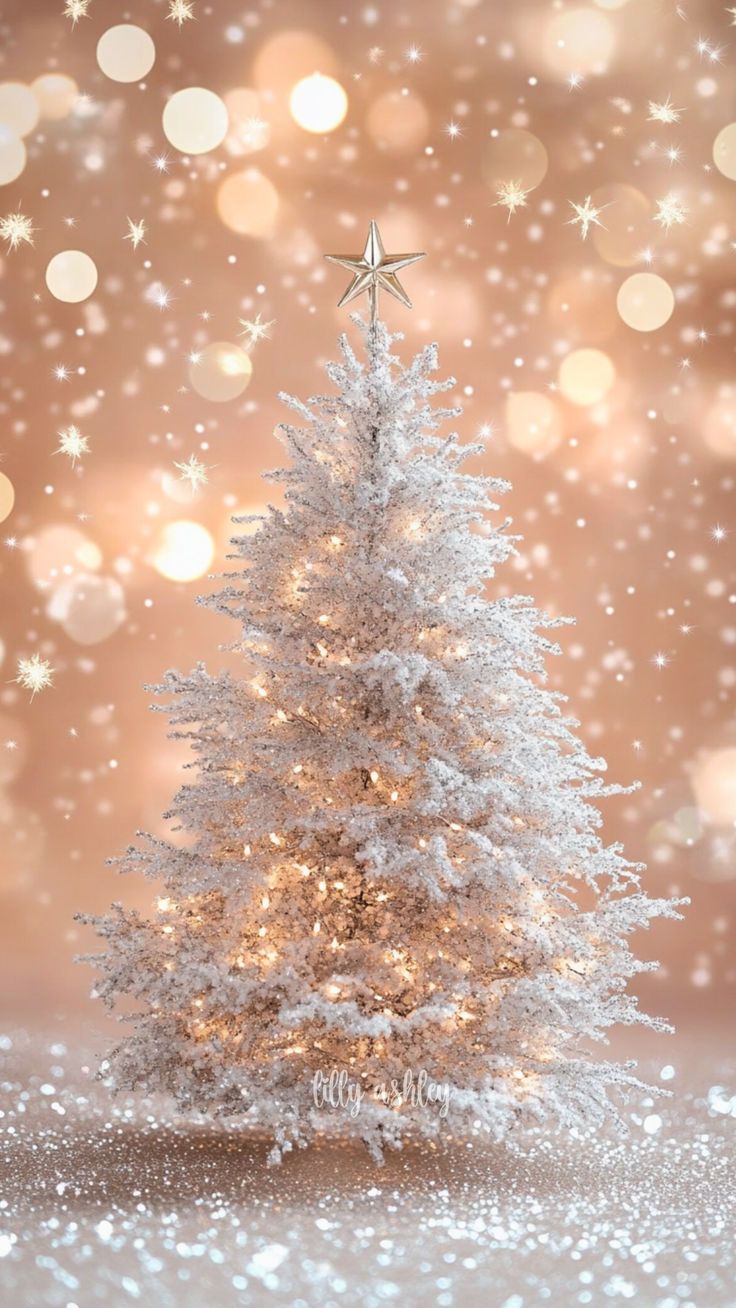 a small white christmas tree with snow flakes around it and lights in the background