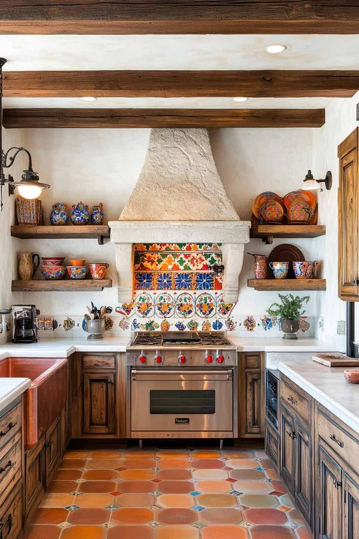 Warm Spanish style kitchen with rustic wooden beams, colorful tiles, and vibrant decor Mexican Kitchen Ideas Spanish Style, Mexican Kitchen Inspiration, Vintage Spanish Kitchen, Spanish Style Galley Kitchen, Spanish Hacienda Interior, Home Decor Ideas Spanish Style, Spanish Themed Kitchen, Traditional Mexican Kitchen Design, German Style Kitchen