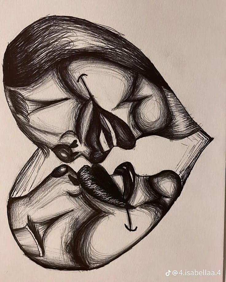 a black and white drawing of two faces with one being kissing the other's head