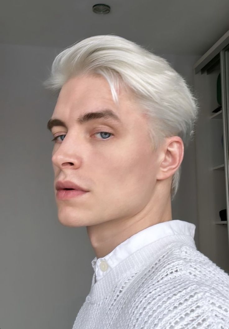 Men With Platinum Hair, Platinum White Hair Men, Platinum Blonde Guy, Haircut White Men, Bleach Blonde Men, Blonde Men Long Hair, White Blonde Hair Men, Silver Hair Guys, Platinum Blonde Hair Male