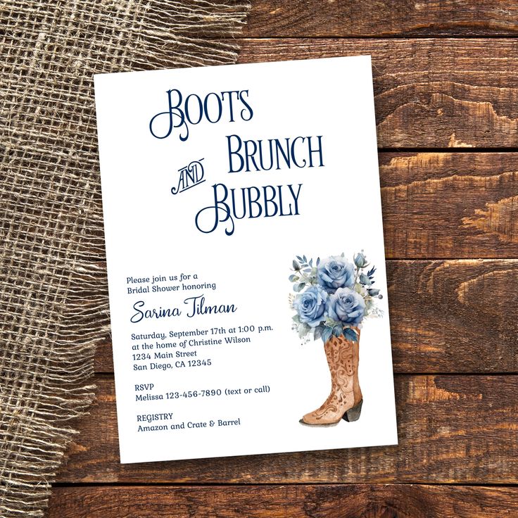 "DUSTY BLUE Cowboy Boots Brunch and Bubbly Bridal Shower Invitation, Champagne Theme Invite, Floral Cowgirl Rustic Farm Western Country PRINTABLE EDITABLE DIGITAL TEMPLATE 275 B 💥 DEMO LINK - TRY BEFORE YOU BUY! 💥 Copy and paste this link into your web browser: https://www.corjl.com/d/1N342P This is an editable invitation that YOU personalize and edit through Corjl.com What is CORJL? Our fully customizable template editor that allows you to personalize your invitation directly in your web brow Cowboy Themed Bridal Shower Ideas, Coastal Cowgirl Bridal Shower Ideas, Boots And Bubbles Bridal Shower Ideas, Boots And Brunch Bridal Shower Ideas, Boots And Brunch, Boots And Bubbly Bridal Shower Ideas, Cowgirl Bridal Shower Ideas, Country Bridal Shower Ideas, Boots And Bubbly