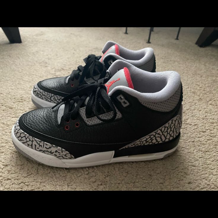 Brand New. Never Worn. No Box Sporty Black Jordan Shoes With Speckled Midsole, Gray Basketball Shoes With Speckled Midsole, Black Low-top Jordan Shoes With Speckled Midsole, Black Basketball Shoes With Speckled Midsole, Black Basketball Shoes With Speckled Midsole And Round Toe, Black Custom Sneakers With Branded Insole, Jordan 3 Cement, Shoes Jordan, Jordan Black