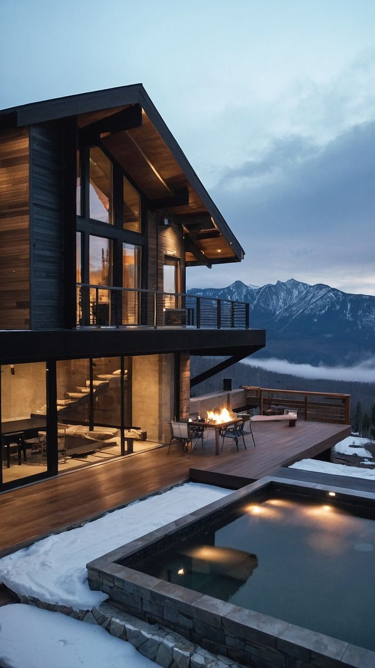 a house that has a fire pit in front of it and some snow on the ground