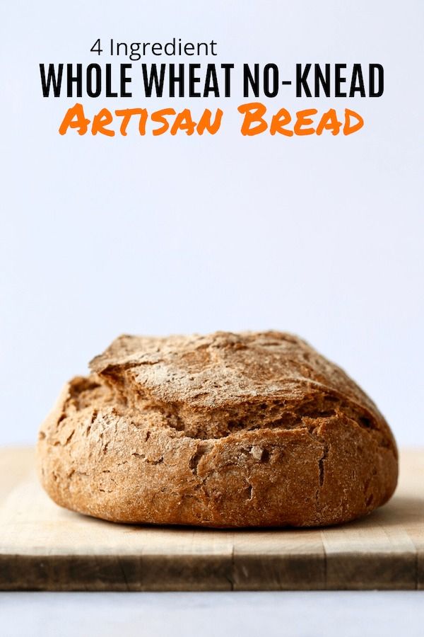 a loaf of artisan bread sitting on top of a cutting board with the words, 4 ingredient whole wheat no - knead artisan bread