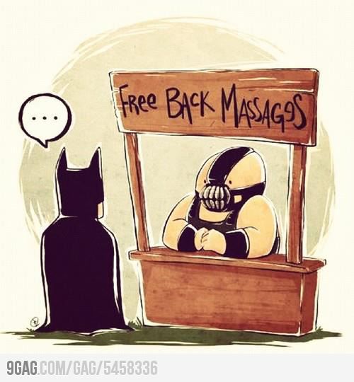 a cartoon character sitting in front of a free back massage sign next to a batman