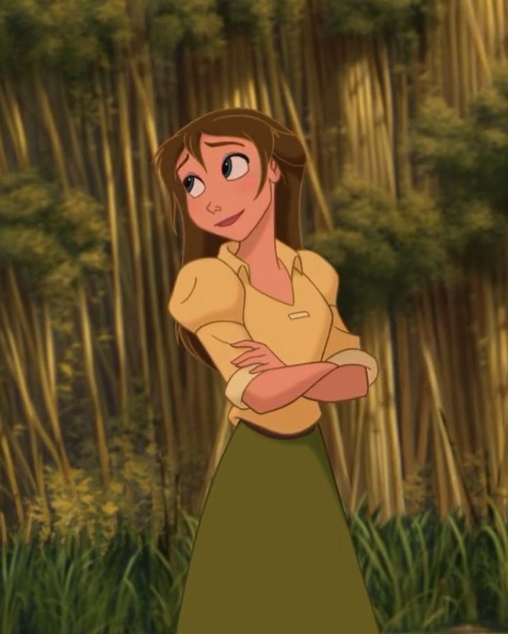 an animated image of a woman standing in front of bamboo trees with her arms crossed