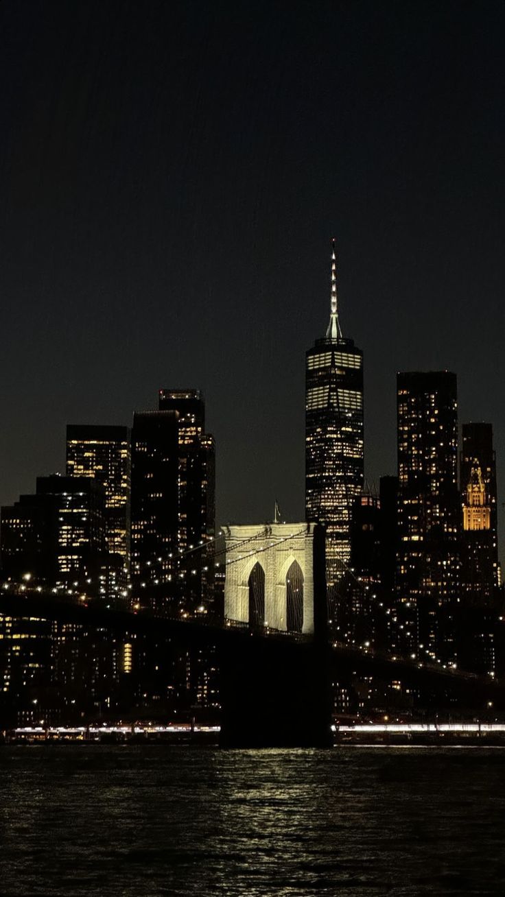 the city skyline is lit up at night as seen from across the water in new york