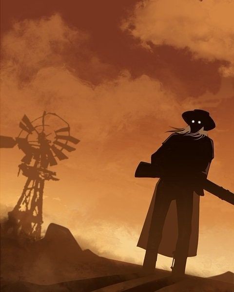 a person standing in front of a windmill on a hill with an orange sky behind them