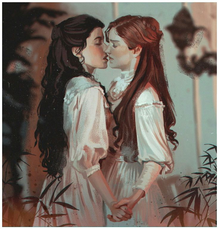 two young women are kissing in front of bamboo trees and water, while one is holding the other's hand