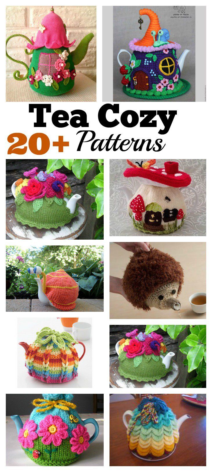 the cover of tea cozy patterns is shown in many different styles and colors, including flowers