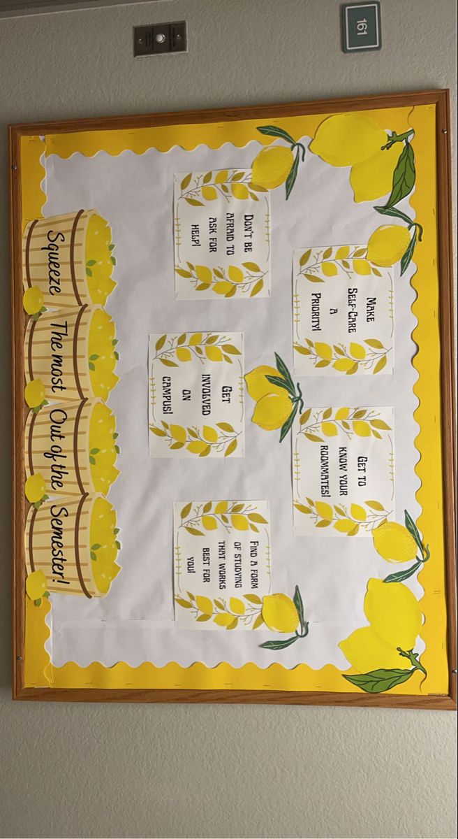 a yellow and white bulletin board with lemons on it, hanging from the wall