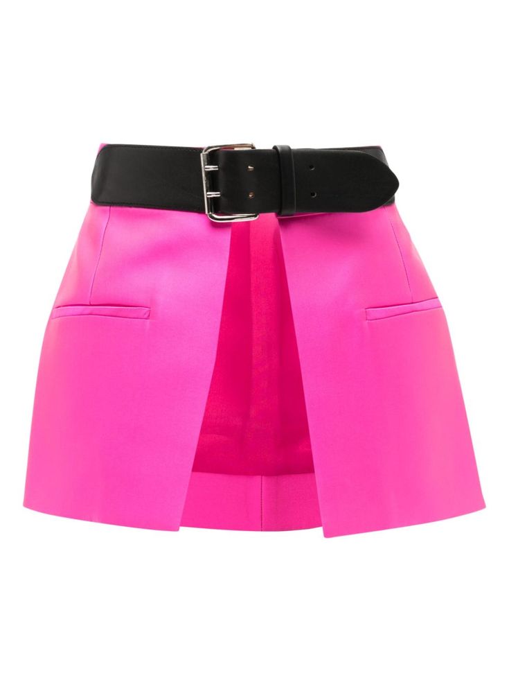 fuchsia pink adjustable fit belted waist two front flap pockets two rear welt pockets thigh-length Fitted Bottoms With Removable Belt For Work, Workwear Bottoms With Removable Belt, Pink Mini Length Bottoms With Pockets, Pink Mini-length Bottoms With Pockets, Chic Mini Bottoms With Belt Loops, Chic Mini Skirt Bottoms With Belt, Pink Fitted Mini Skirt With Pockets, Chic Mini Length Bottoms With Belt Loops, Belted Mini Length Bottoms For Workwear