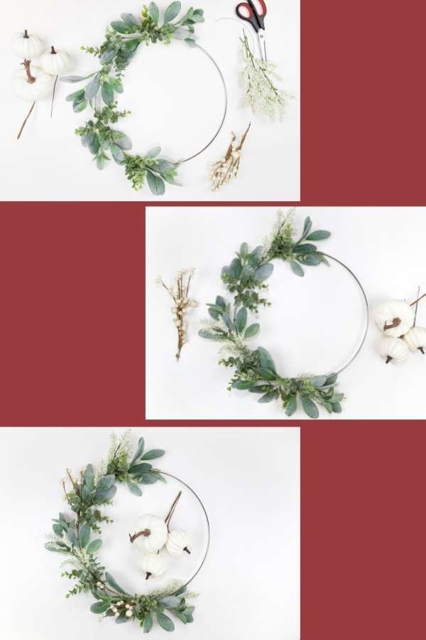 four different images of flowers and greenery arranged in the shape of a circle with scissors