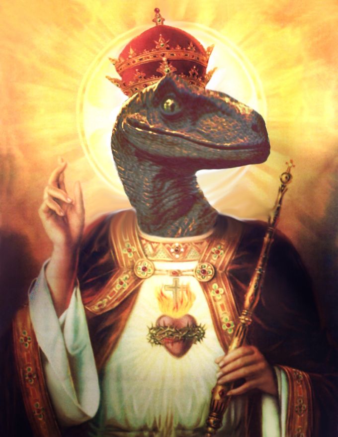 a painting of a lizard wearing a crown and holding a staff in front of him