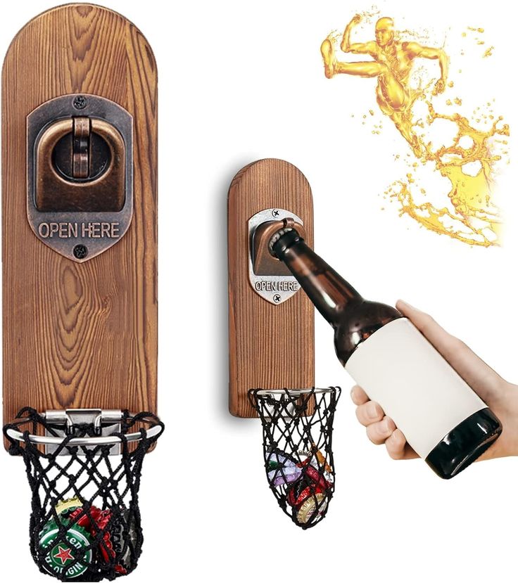 an open beer bottle in a basket next to a wall mounted basketball hoop and door opener