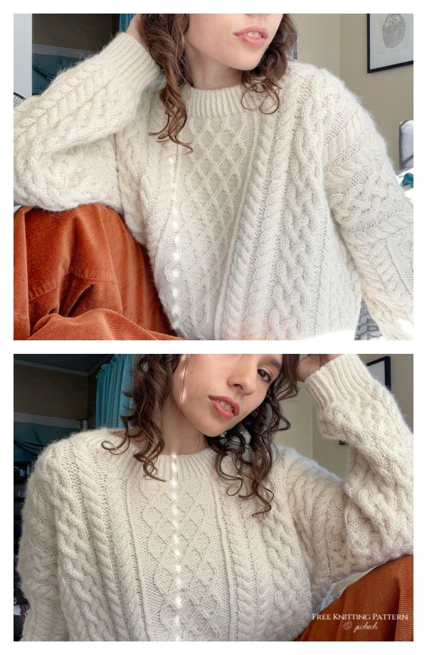 two photos of a woman wearing a white sweater