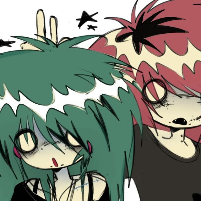 two anime characters with green hair and red eyes, one is staring at the camera