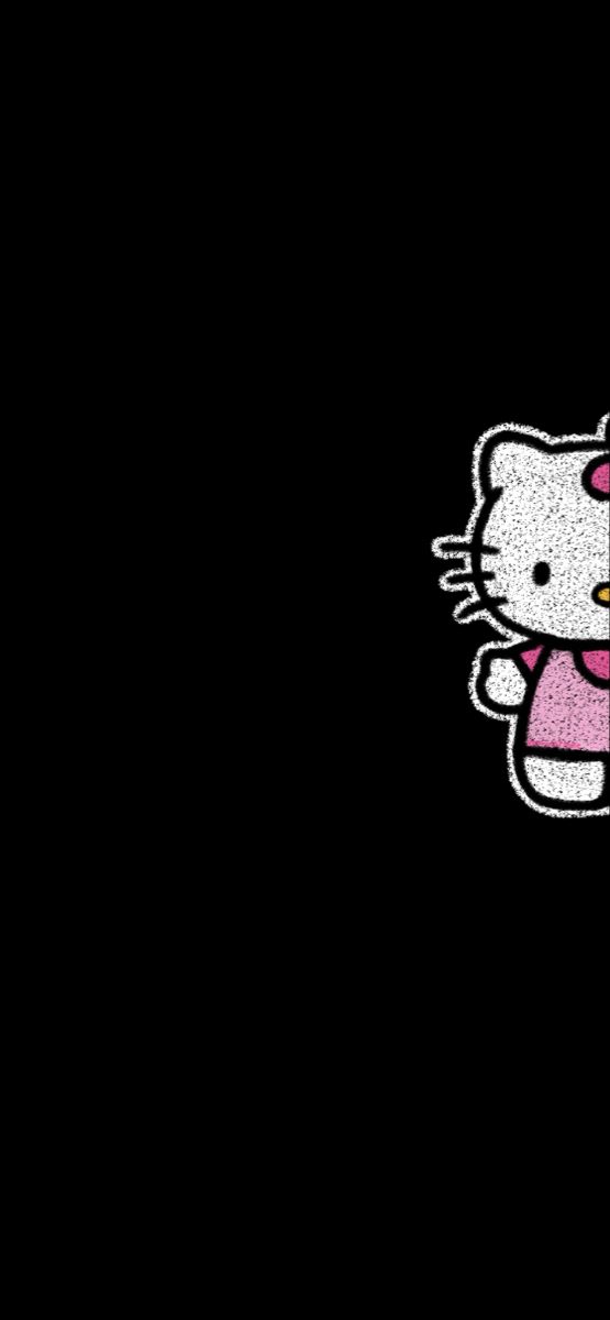 the hello kitty wallpaper is black and has pink flowers on its head, with an orange flower in it's mouth