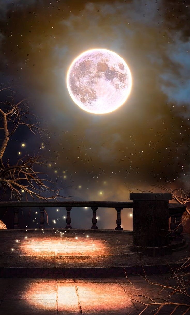 the full moon is shining brightly in the night sky over an old building with pillars