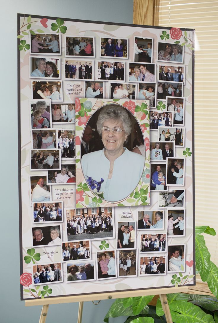 a collage of photos is displayed on a easel next to a potted plant