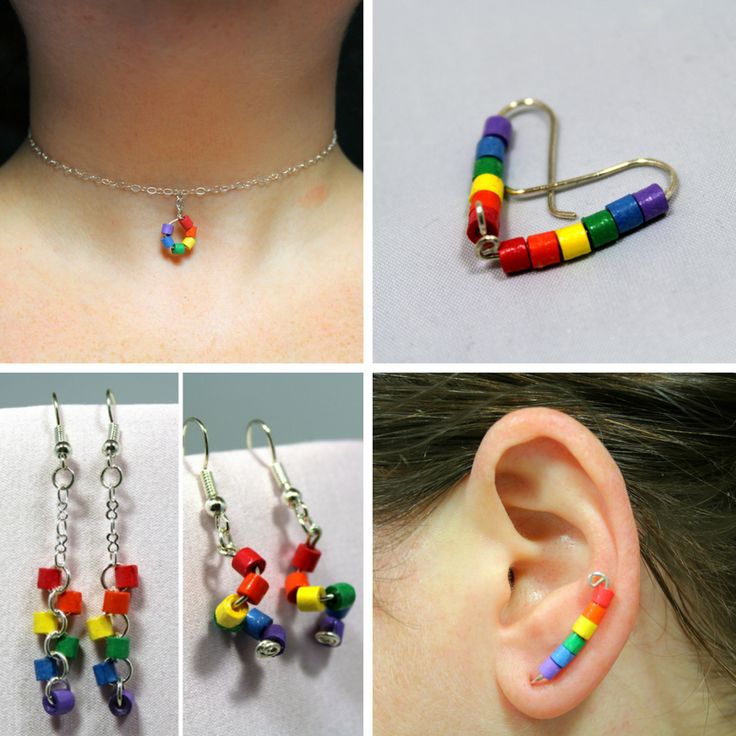 there are four pictures of different colored beads in the ear and behind them is a woman's head