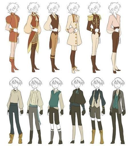 an anime character's fashion guide for different outfits and hair styles, including the man in